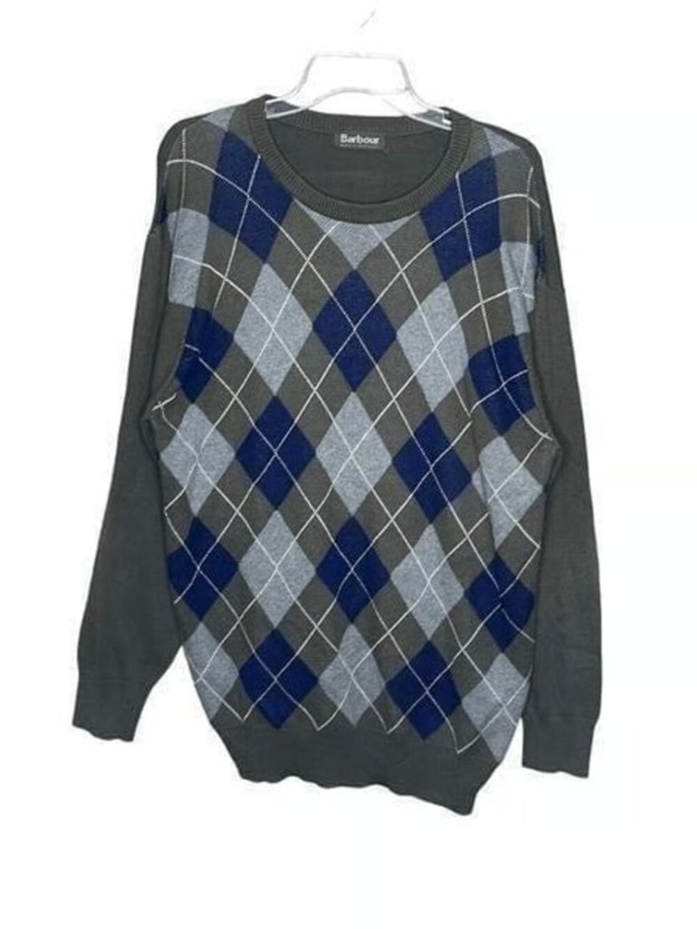 Vintage Barbour Mens Green Blue Argyle Crewneck Cashmere Sweater Size Large